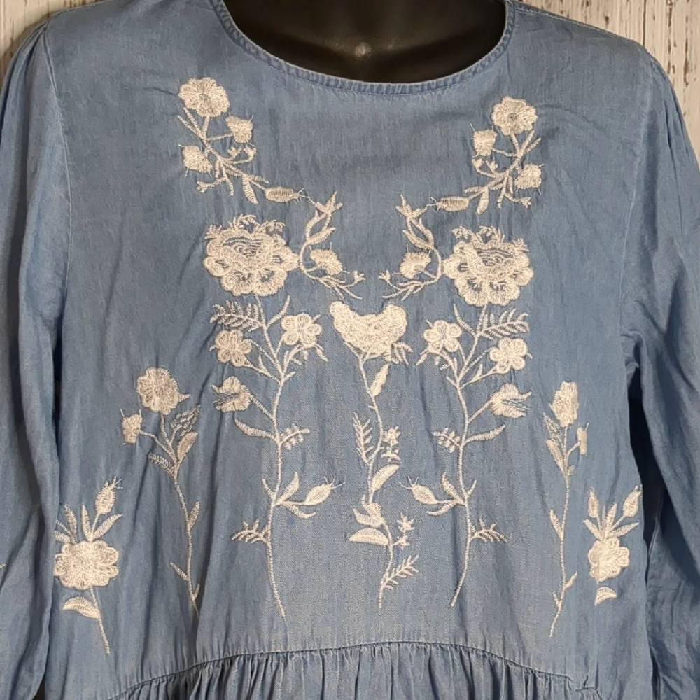 Philosophy Tencel Chambray Drop Waist Dress W/ Long Sleeves, Floral Embroidery - Picture 3 of 13